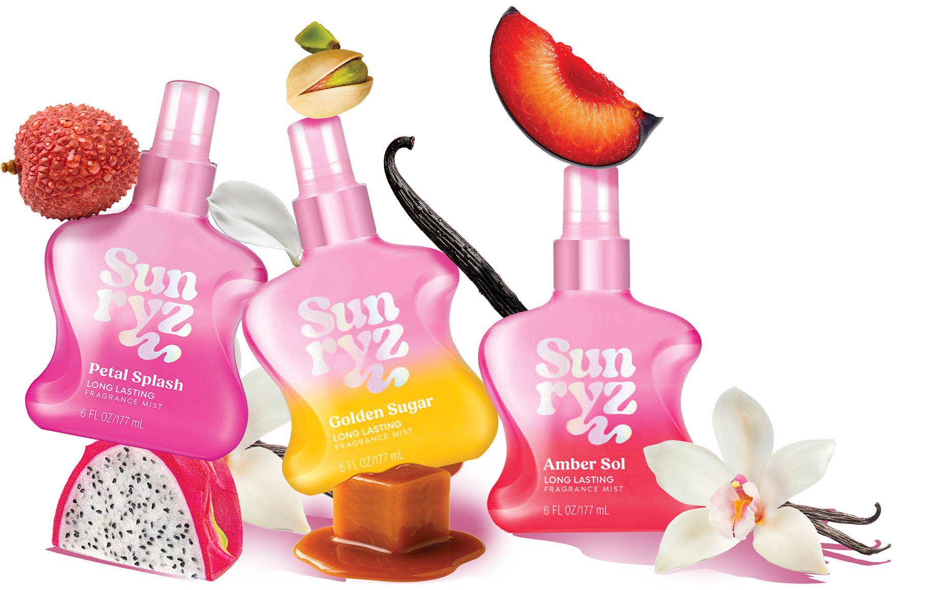 sunryz fragrance bottles with images of scents featured in each including dragonfruit, lychee, pistachio, caramel, plum, vanilla, orchids, sandalwood